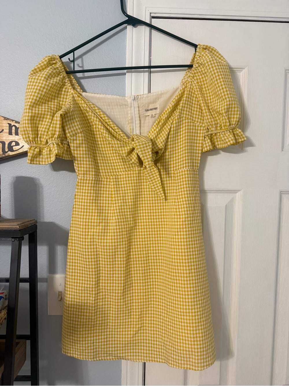 LALA FACTORY Yellow Gingham Tie-Front Puff Sleeve Mini Dress Mediun